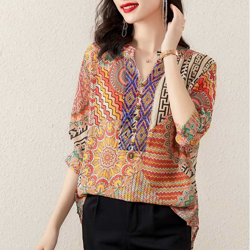 Chemise à demi-boutons à motif géométrique mandala Buddha Stones pour femme