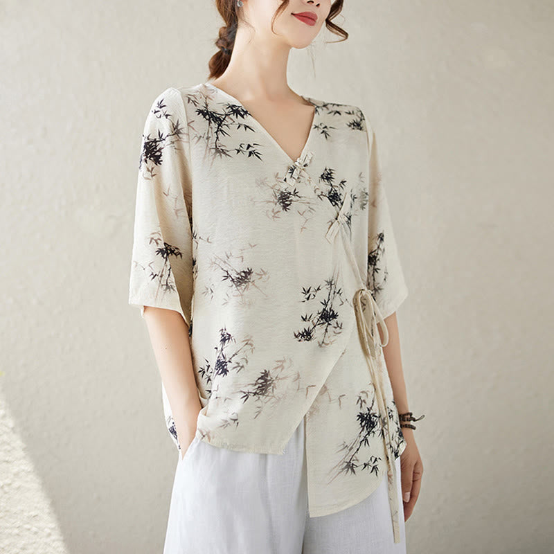 T-shirt à lacets et boutons en forme de grenouille avec imprimé feuilles de bambou et Buddha Stones