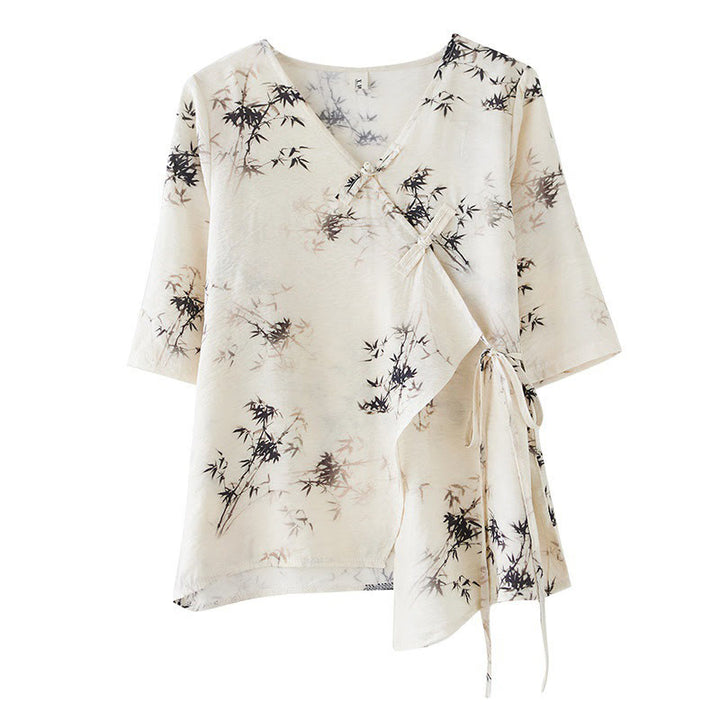 T-shirt à lacets et boutons en forme de grenouille avec imprimé feuilles de bambou et Buddha Stones - image 10