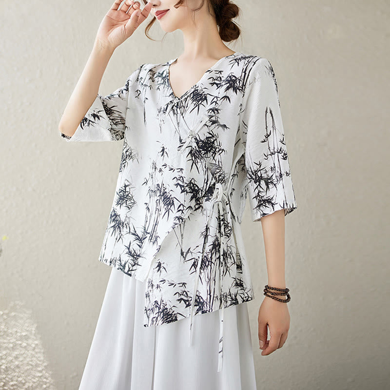 T-shirt à lacets et boutons en forme de grenouille avec imprimé feuilles de bambou et Buddha Stones - image 2