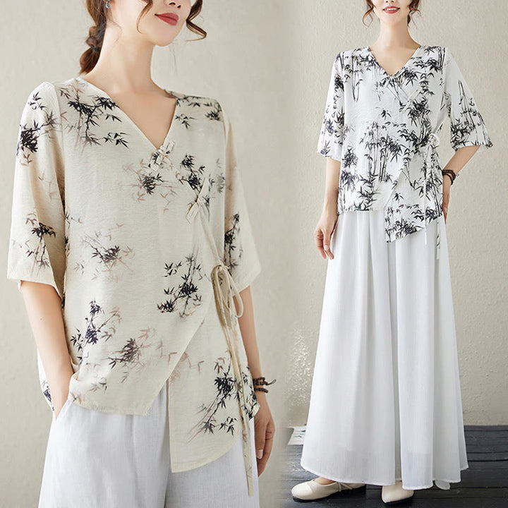 T-shirt à lacets et boutons en forme de grenouille avec imprimé feuilles de bambou et Buddha Stones