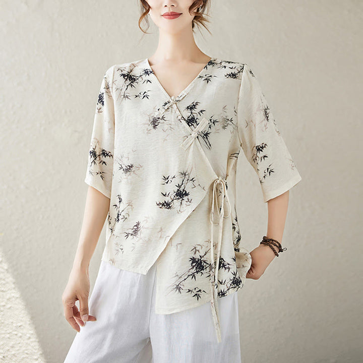 T-shirt à lacets et boutons en forme de grenouille avec imprimé feuilles de bambou et Buddha Stones - Lin - XL(Convient aux tailles US 6 ; UK/AU 10 ; EU 38) - image 7