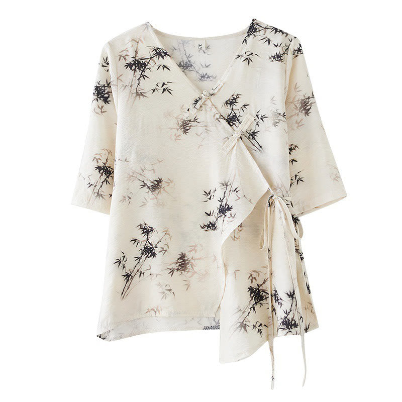 T-shirt à lacets et boutons en forme de grenouille avec imprimé feuilles de bambou et Buddha Stones