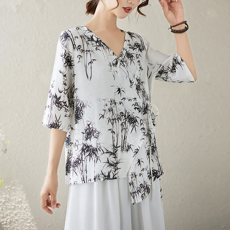 T-shirt à lacets et boutons en forme de grenouille avec imprimé feuilles de bambou et Buddha Stones - image 1