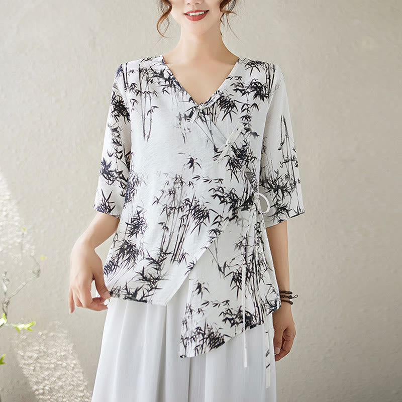 T-shirt à lacets et boutons en forme de grenouille avec imprimé feuilles de bambou et Buddha Stones - Neige - XL(Convient aux tailles US 6 ; UK/AU 10 ; EU 38) - image 0