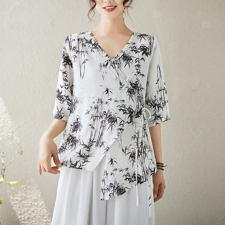 T-shirt à lacets et boutons en forme de grenouille avec imprimé feuilles de bambou et Buddha Stones - Neige - XL(Convient aux tailles US 6 ; UK/AU 10 ; EU 38) - image 0