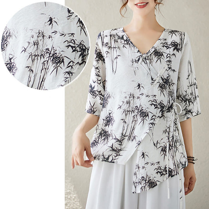 T-shirt à lacets et boutons en forme de grenouille avec imprimé feuilles de bambou et Buddha Stones - image 4