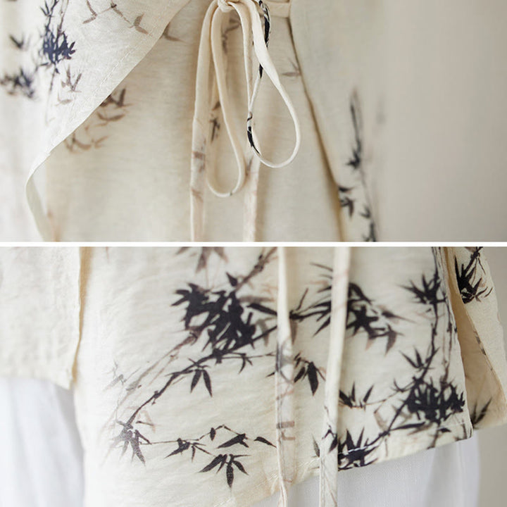 T-shirt à lacets et boutons en forme de grenouille avec imprimé feuilles de bambou et Buddha Stones