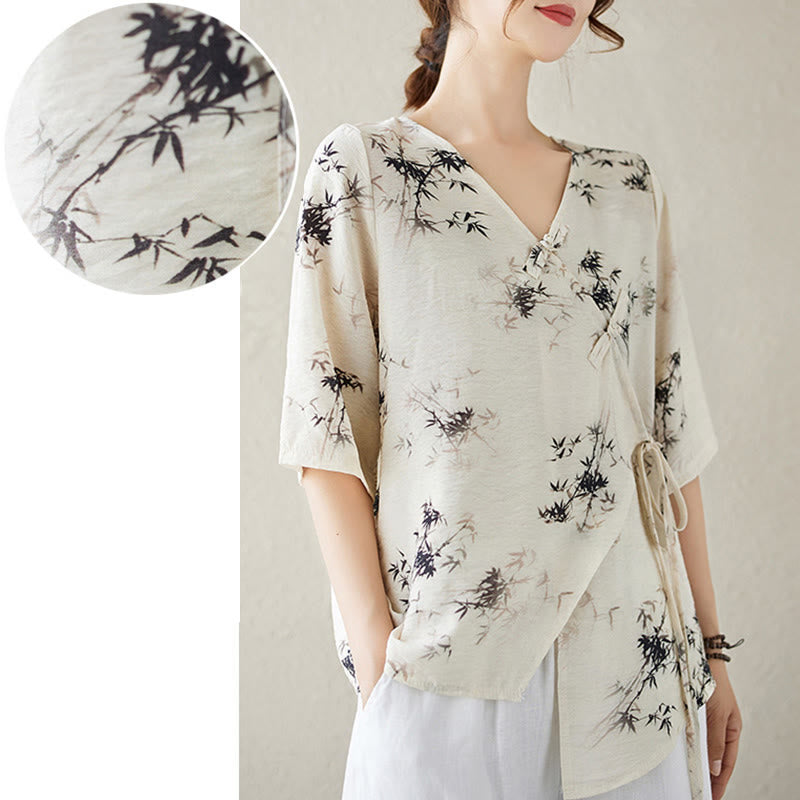 T-shirt à lacets et boutons en forme de grenouille avec imprimé feuilles de bambou et Buddha Stones