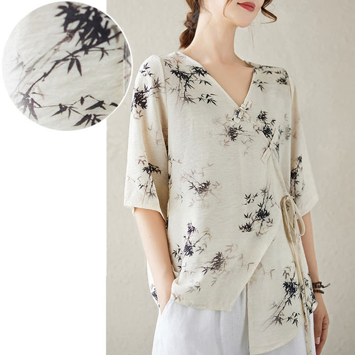 T-shirt à lacets et boutons en forme de grenouille avec imprimé feuilles de bambou et Buddha Stones