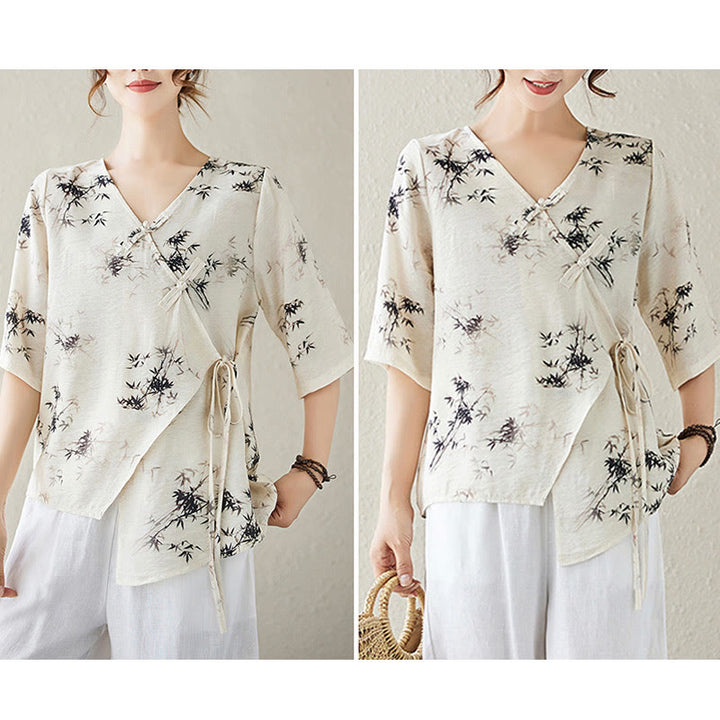 T-shirt à lacets et boutons en forme de grenouille avec imprimé feuilles de bambou et Buddha Stones