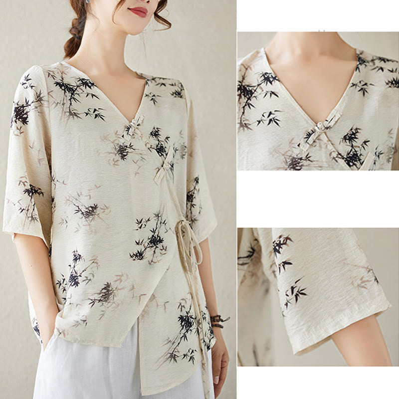 T-shirt à lacets et boutons en forme de grenouille avec imprimé feuilles de bambou et Buddha Stones