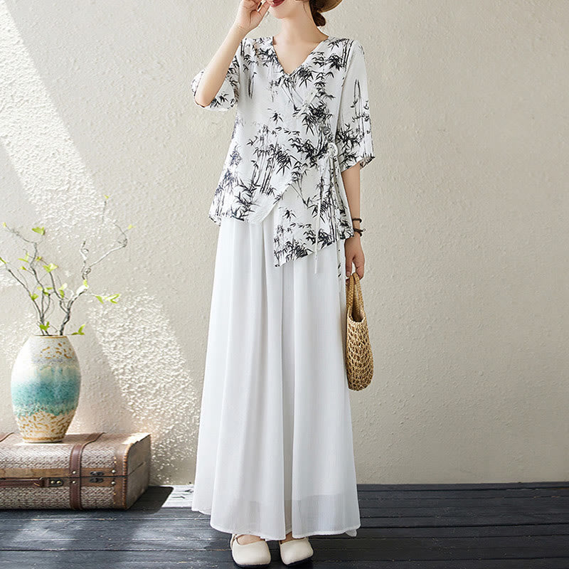 T-shirt à lacets et boutons en forme de grenouille avec imprimé feuilles de bambou et Buddha Stones - image 5