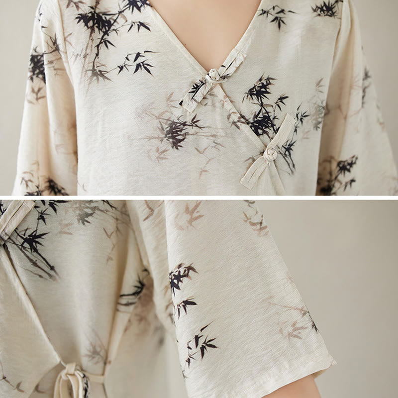T-shirt à lacets et boutons en forme de grenouille avec imprimé feuilles de bambou et Buddha Stones