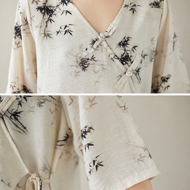 T-shirt à lacets et boutons en forme de grenouille avec imprimé feuilles de bambou et Buddha Stones