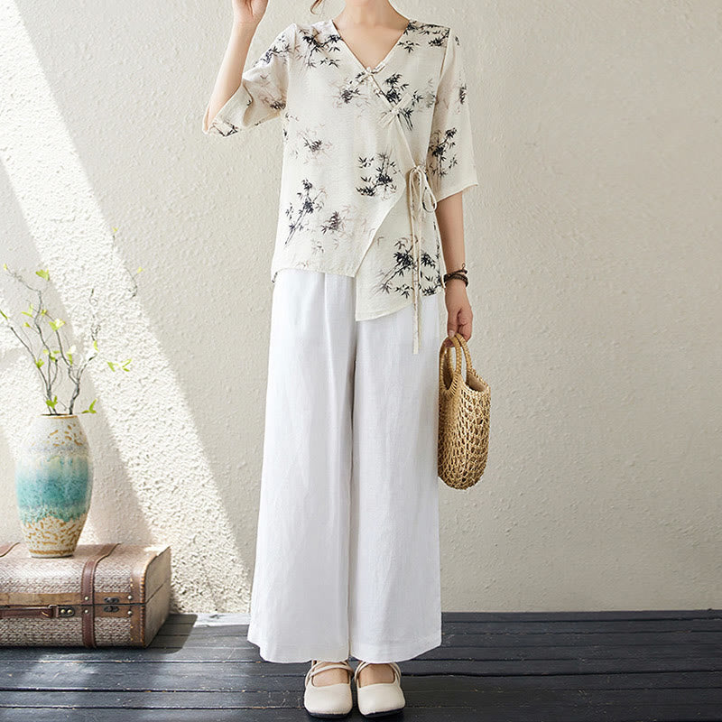 T-shirt à lacets et boutons en forme de grenouille avec imprimé feuilles de bambou et Buddha Stones - image 18