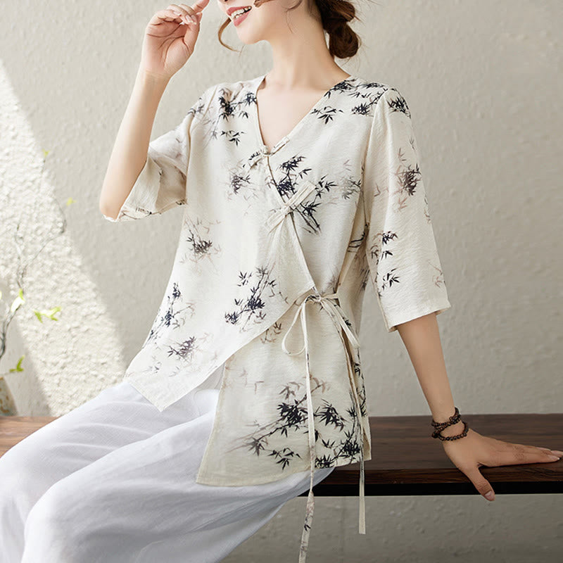 T-shirt à lacets et boutons en forme de grenouille avec imprimé feuilles de bambou et Buddha Stones