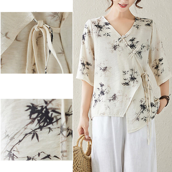 T-shirt à lacets et boutons en forme de grenouille avec imprimé feuilles de bambou et Buddha Stones - image 15