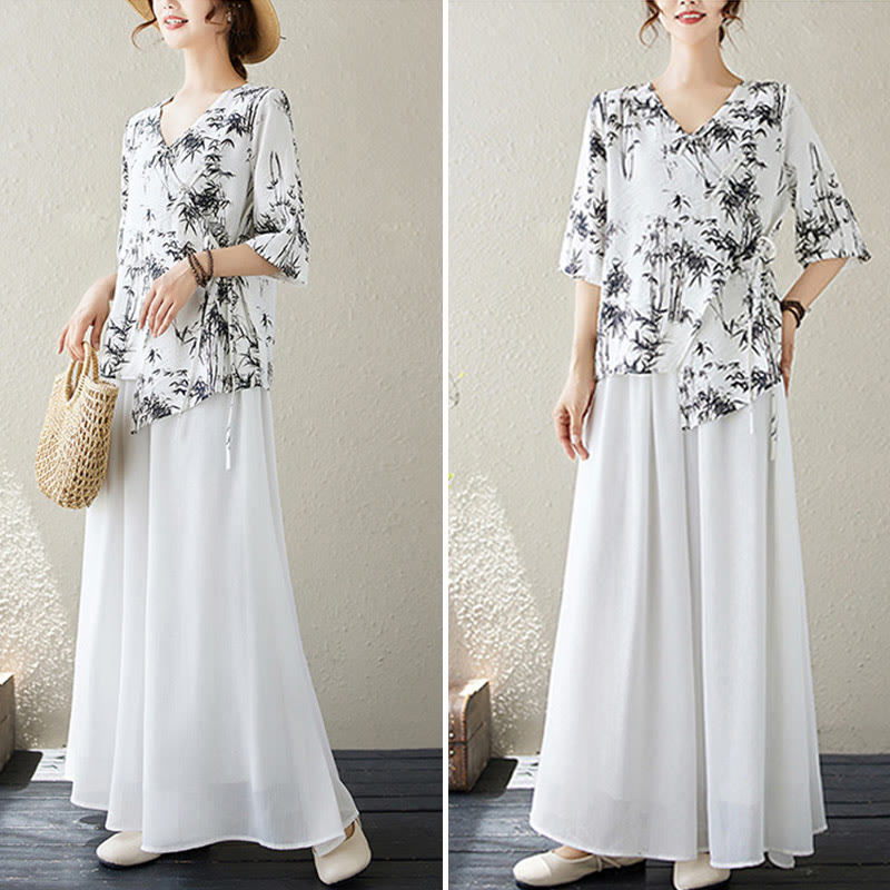 T-shirt à lacets et boutons en forme de grenouille avec imprimé feuilles de bambou et Buddha Stones - image 6