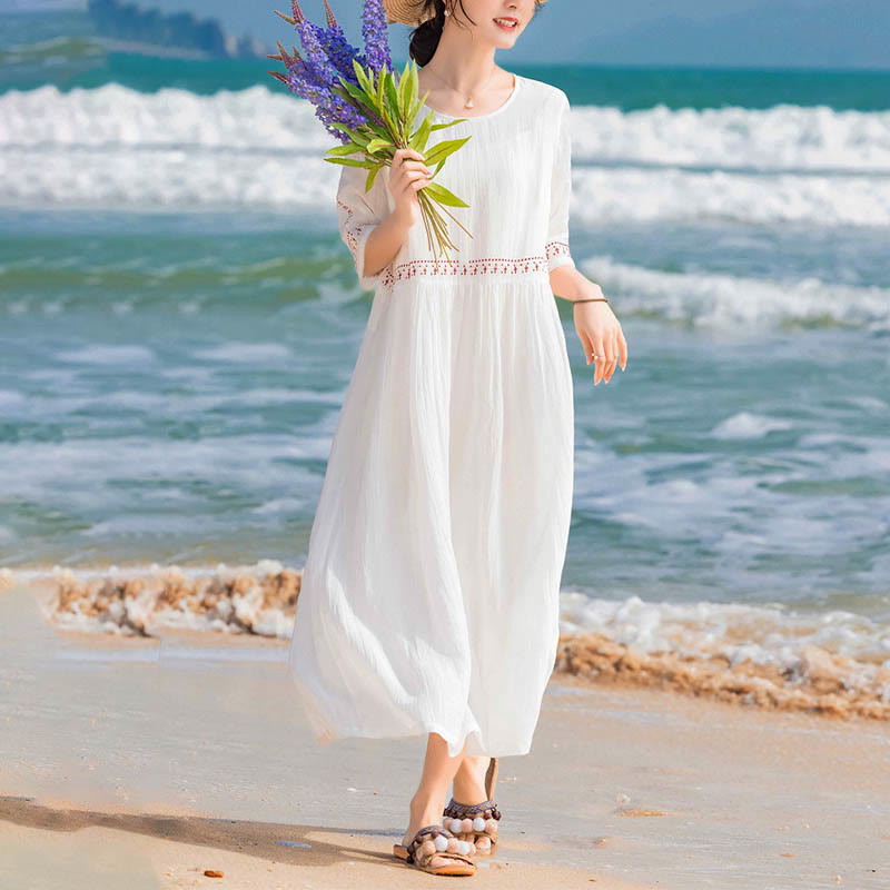 Robe midi en coton à manches courtes et broderies de Buddha Stones de couleur unie - image 12
