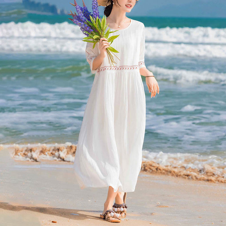 Robe midi en coton à manches courtes et broderies de Buddha Stones de couleur unie - image 12