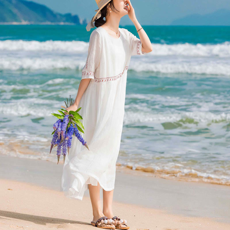 Robe midi en coton à manches courtes et poches, brodée de Buddha Stones, couleur unie - image 12