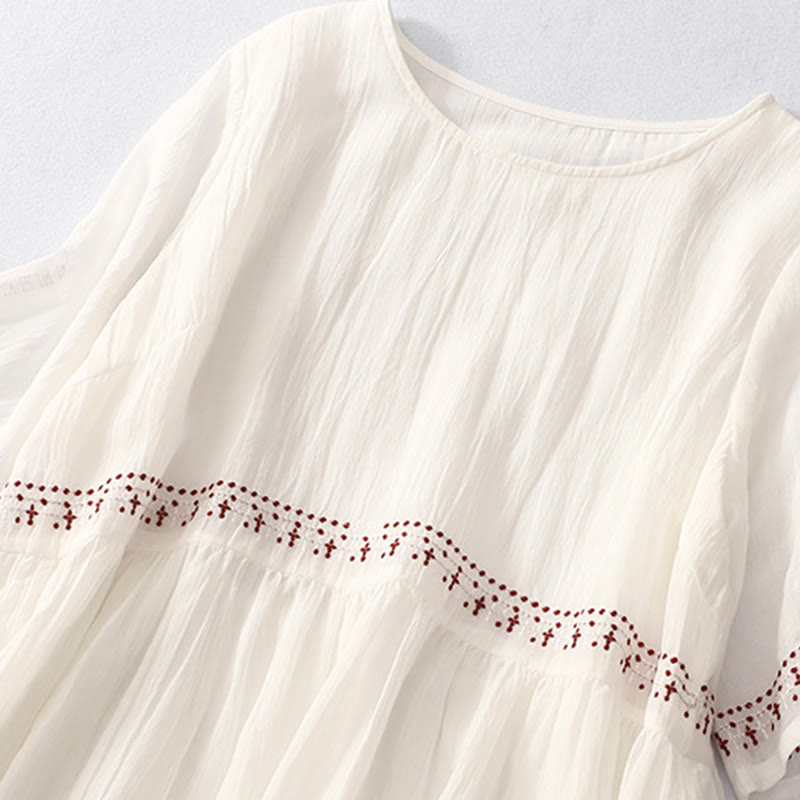 Robe midi en coton à manches courtes et broderies de Buddha Stones de couleur unie - image 6
