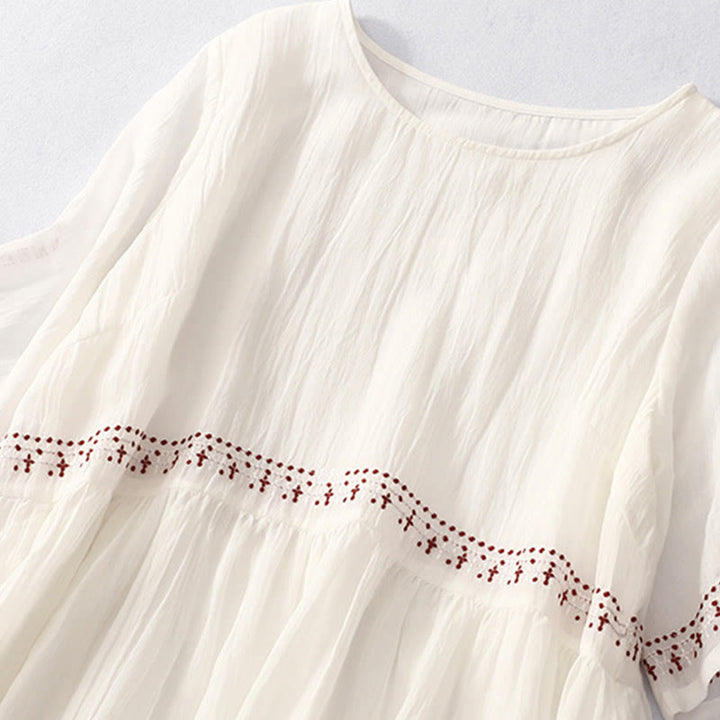 Robe midi en coton à manches courtes et broderies de Buddha Stones de couleur unie - image 6