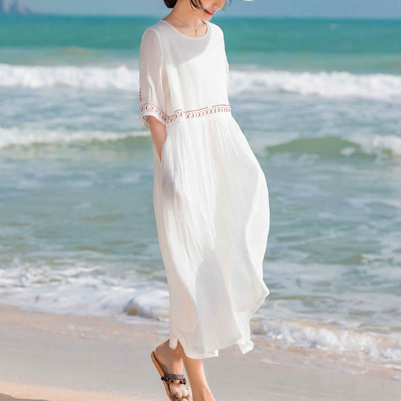 Robe midi en coton à manches courtes et broderies de Buddha Stones de couleur unie - image 16