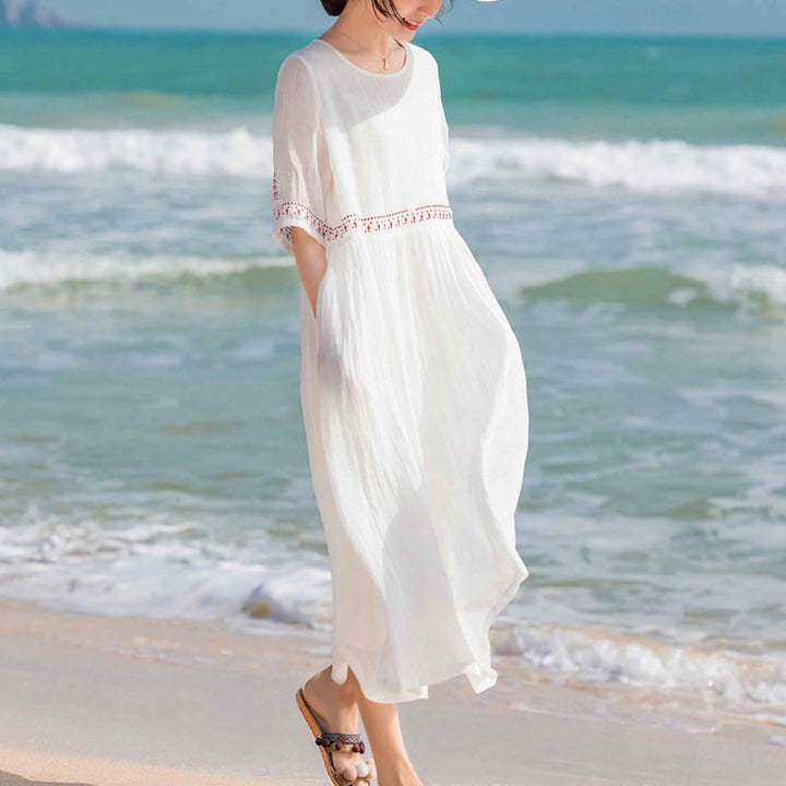 Robe midi en coton à manches courtes et broderies de Buddha Stones de couleur unie - image 16