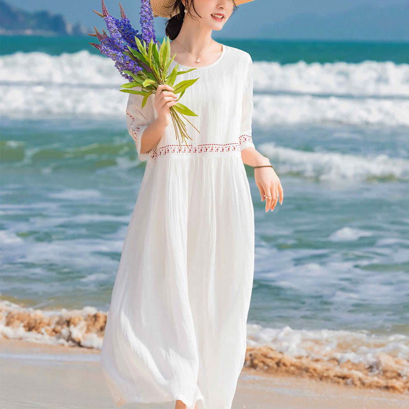 Robe midi en coton à manches courtes et broderies de Buddha Stones de couleur unie - image 14