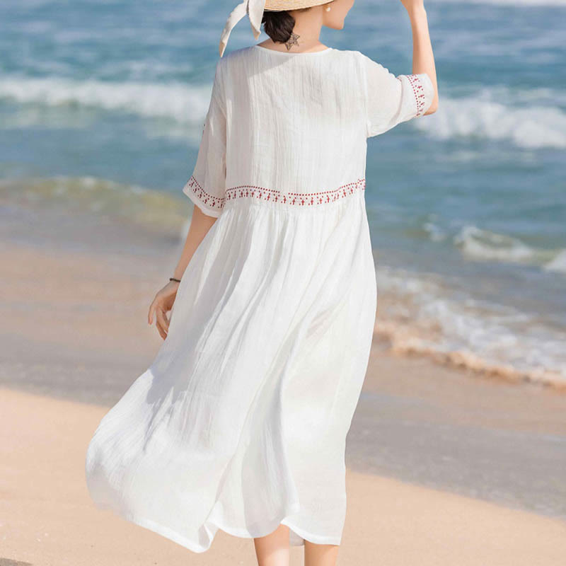 Robe midi en coton à manches courtes et broderies de Buddha Stones de couleur unie - image 4