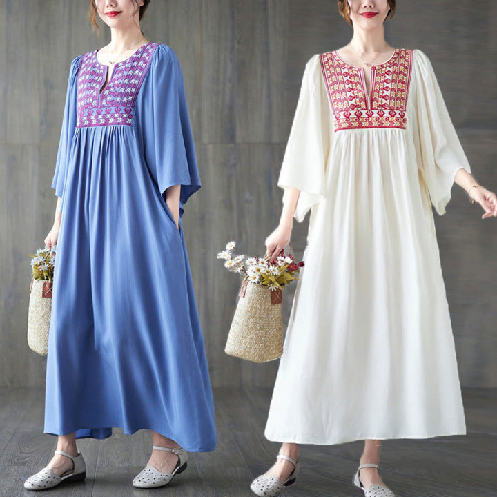 Robe mi-longue à ourlet volanté cranté et broderies de Buddha Stones avec poches - image 0