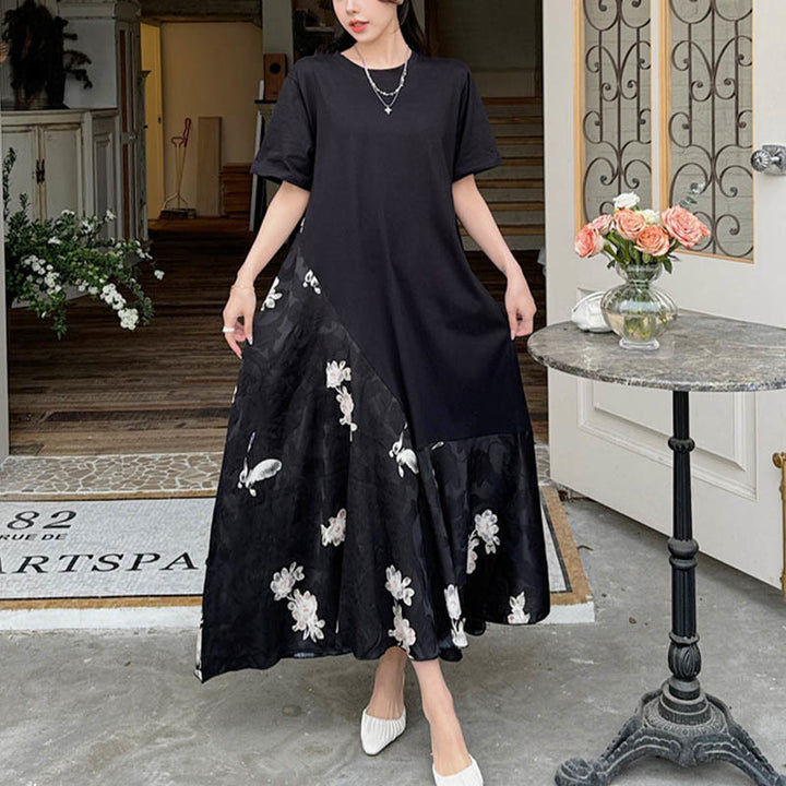 Robe mi-longue décontractée à manches courtes et motif fleuri en jacquard Buddha Stones - image 1