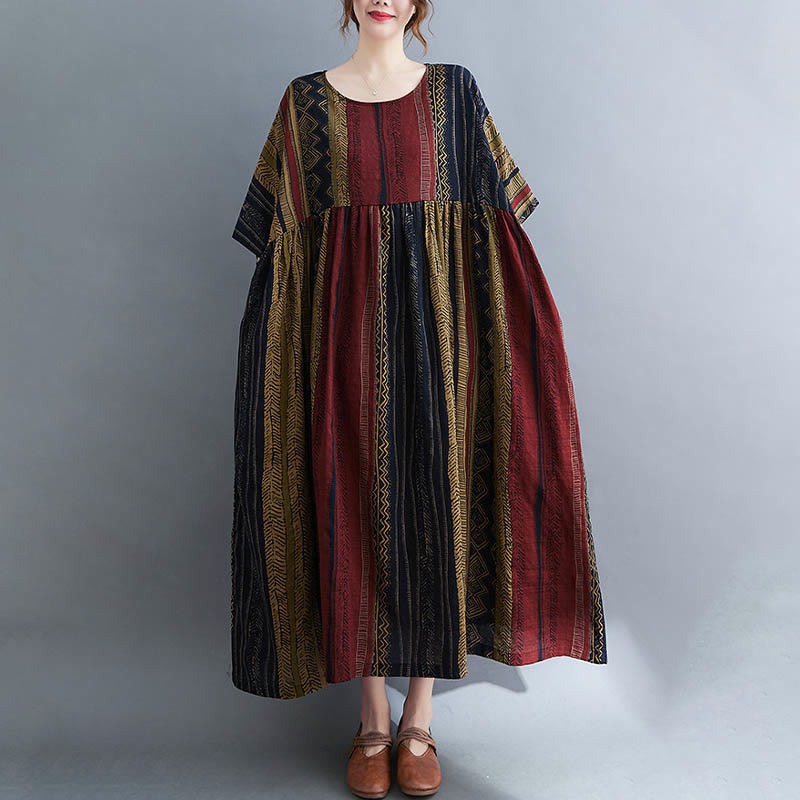 Robe mi-longue à manches courtes et poches style bohème avec Buddha Stones