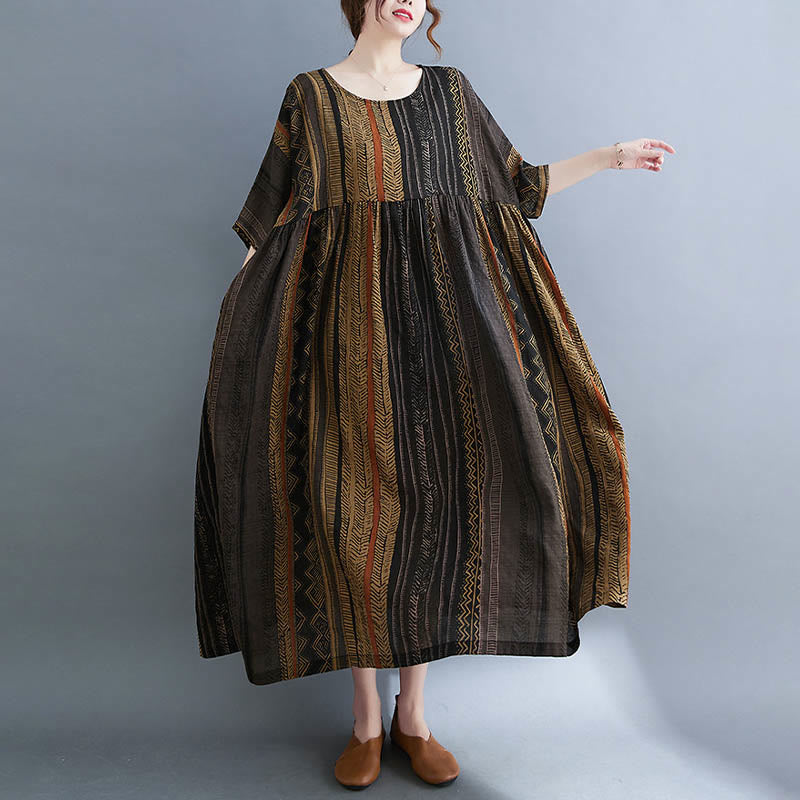 Robe mi-longue à manches courtes et poches style bohème avec Buddha Stones