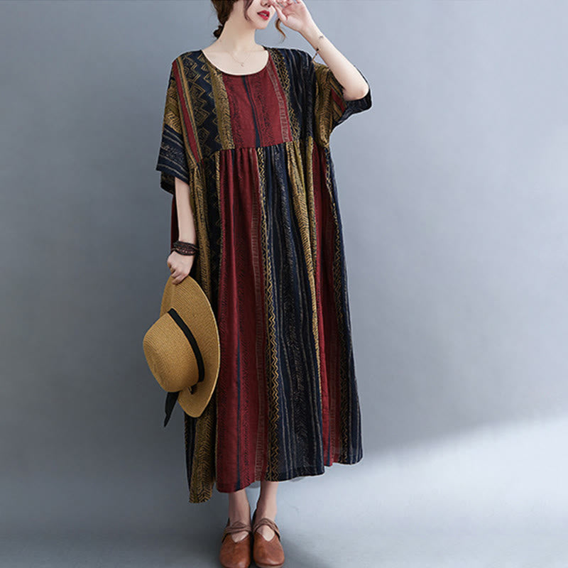 Robe mi-longue à manches courtes et poches style bohème avec Buddha Stones