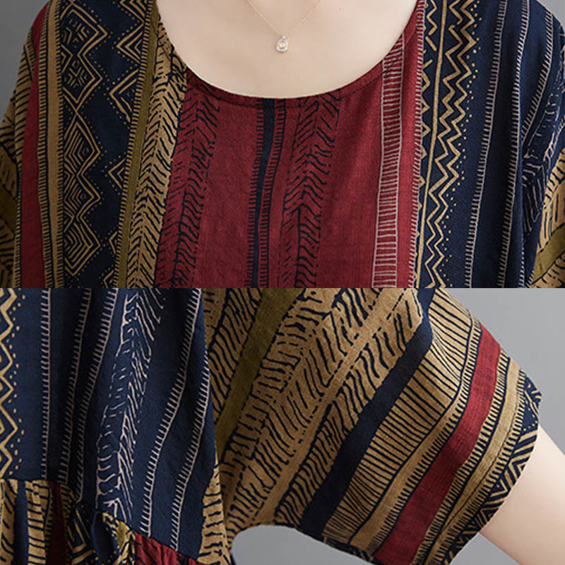 Robe mi-longue à manches courtes et poches style bohème avec Buddha Stones
