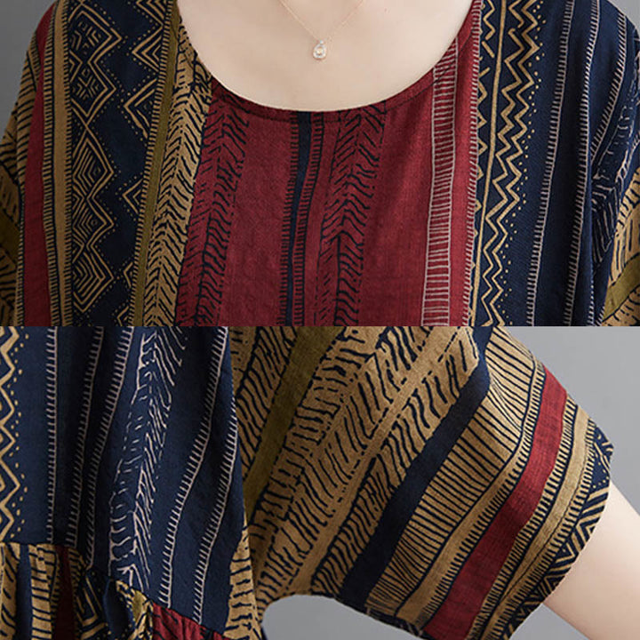 Robe mi-longue à manches courtes et poches style bohème avec Buddha Stones
