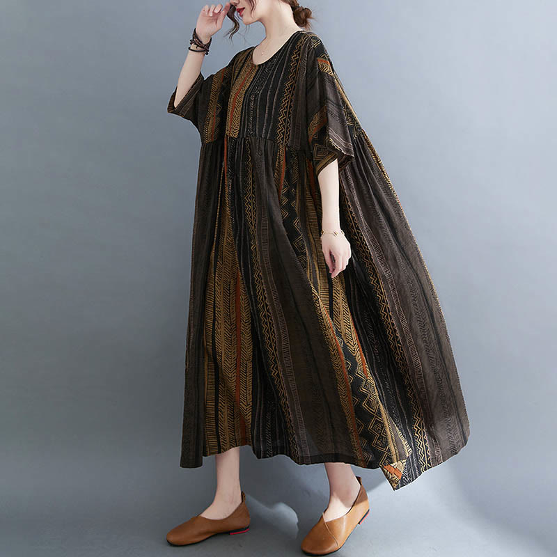 Robe mi-longue à manches courtes et poches style bohème avec Buddha Stones