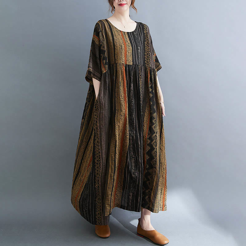 Robe mi-longue à manches courtes et poches style bohème avec Buddha Stones