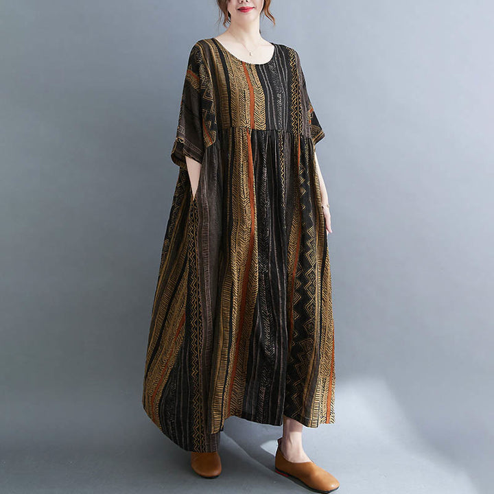 Robe mi-longue à manches courtes et poches style bohème avec Buddha Stones