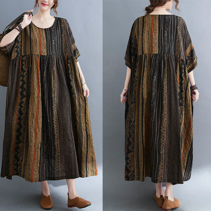 Robe mi-longue à manches courtes et poches style bohème avec Buddha Stones