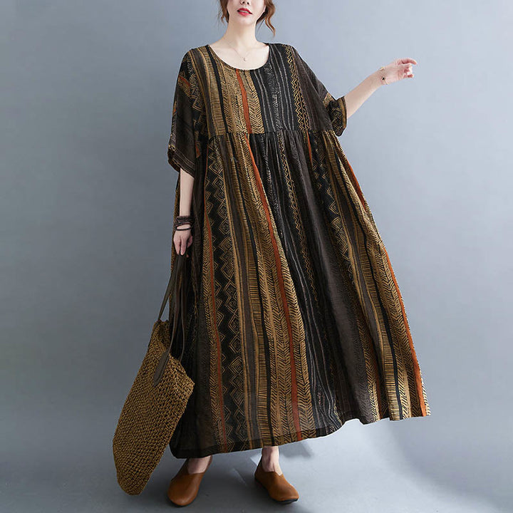 Robe mi-longue à manches courtes et poches style bohème avec Buddha Stones