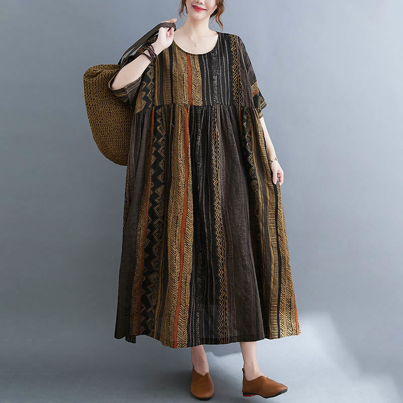 Robe mi-longue à manches courtes et poches style bohème avec Buddha Stones