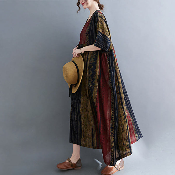 Robe mi-longue à manches courtes et poches style bohème avec Buddha Stones