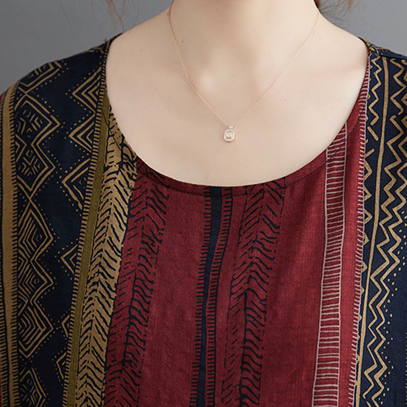 Robe mi-longue à manches courtes et poches style bohème avec Buddha Stones
