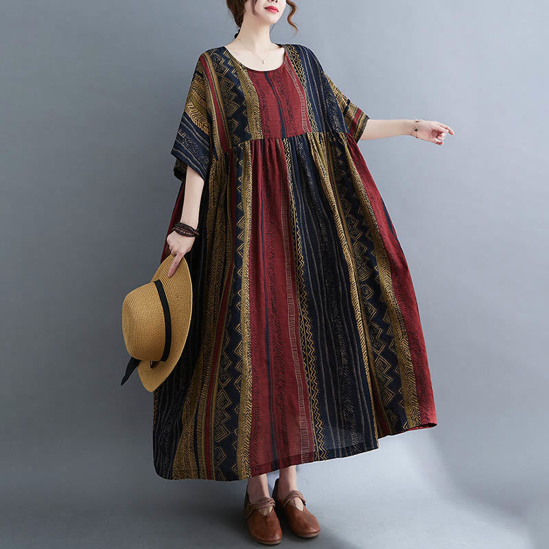 Robe mi-longue à manches courtes et poches style bohème avec Buddha Stones