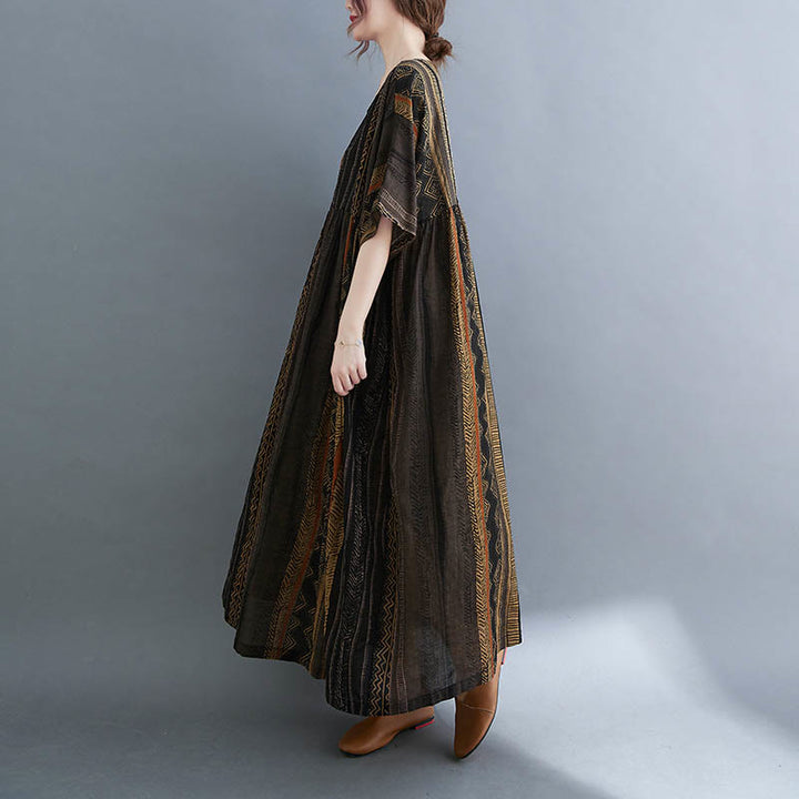 Robe mi-longue à manches courtes et poches style bohème avec Buddha Stones