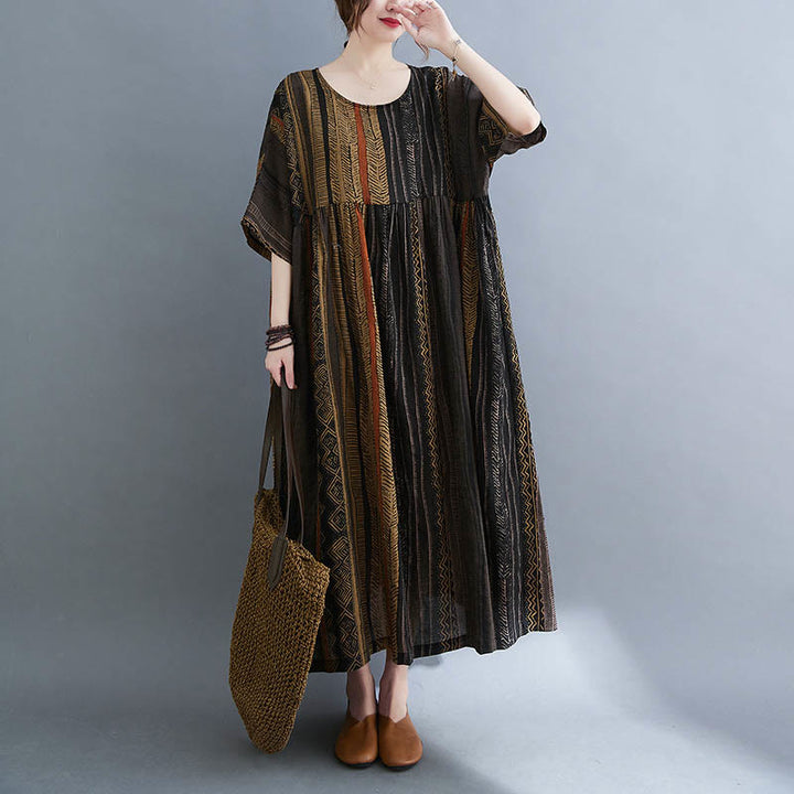 Robe mi-longue à manches courtes et poches style bohème avec Buddha Stones